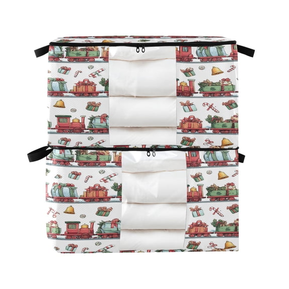 Foldable Clothes Storage Bags Clothes Organizer Bin with Clear Windows for Clothes Bedding Christmas-themed Red Train Pattern