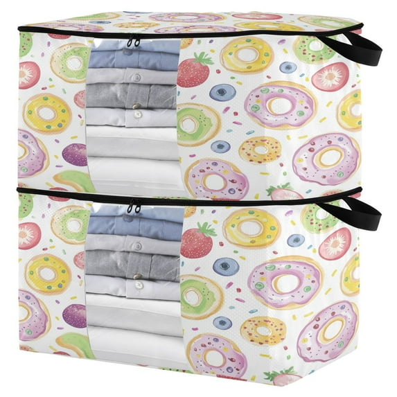 Foldable Clothes Storage Bags Clothes Organizer Bin with Clear Windows for Clothes Bedding Colorful Doughnuts Pattern