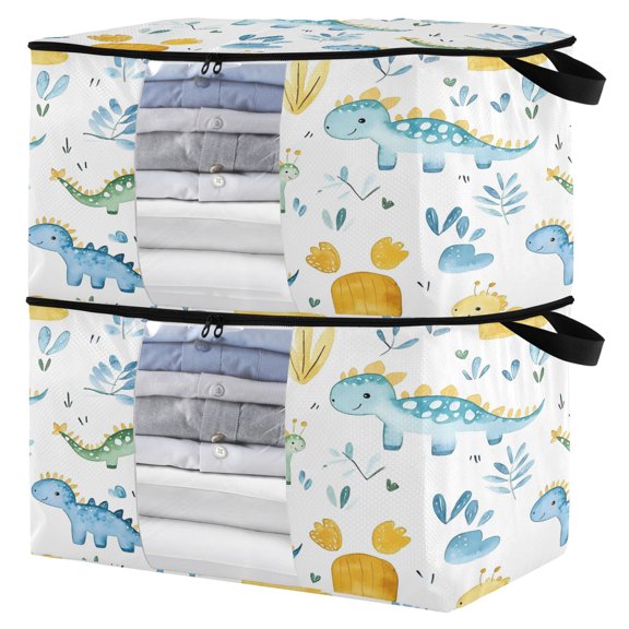 Foldable Clothes Storage Bags Clothes Organizer Bin with Clear Windows for Clothes Bedding Cute Baby Dinosaur Pattern