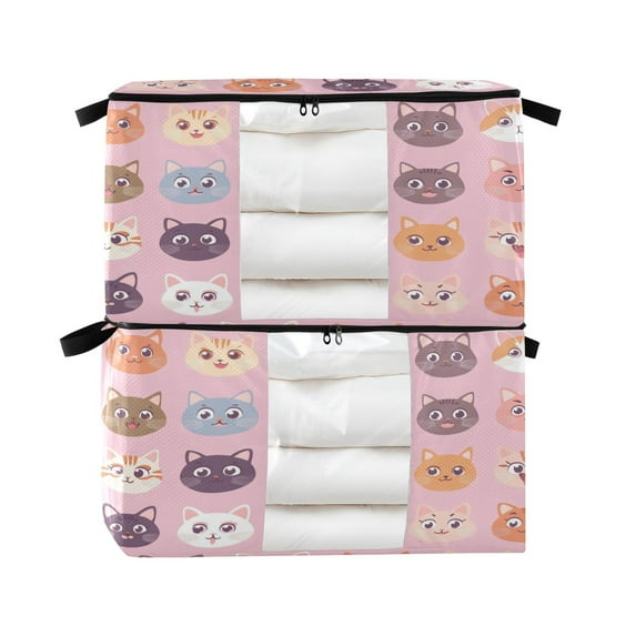 Foldable Clothes Storage Bags Clothes Organizer Bin with Clear Windows for Clothes Bedding Cute Cat Face Pattern