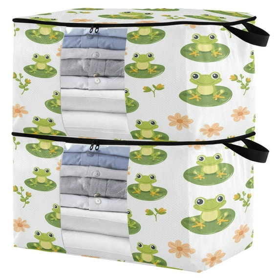 Foldable Clothes Storage Bags Clothes Organizer Bin with Clear Windows for Clothes Bedding Cute Frog Pattern