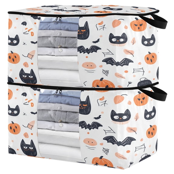 Foldable Clothes Storage Bags Clothes Organizer Bin with Clear Windows for Clothes Bedding Cute Halloween Elements