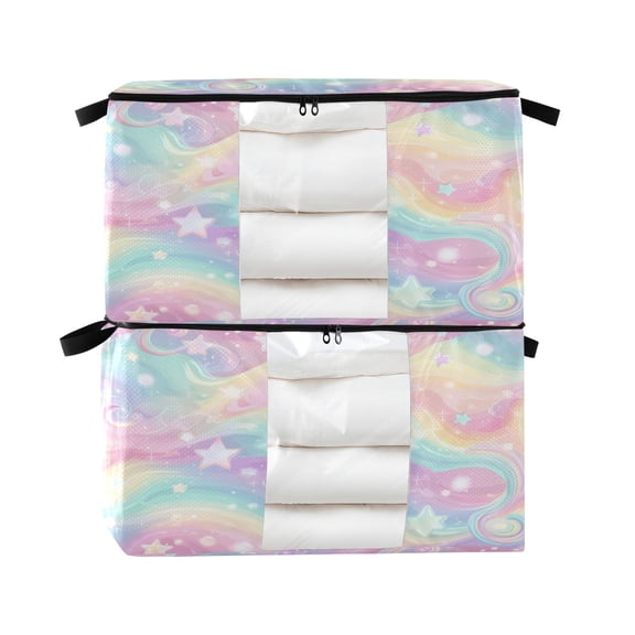 Foldable Clothes Storage Bags Clothes Organizer Bin with Clear Windows for Clothes Bedding Cute Pastel Rainbow Background