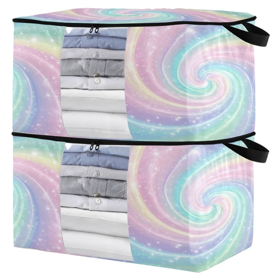 Foldable Clothes Storage Bags Clothes Organizer Bin with Clear Windows for Clothes Bedding Cute Pastel Rainbow Swirl