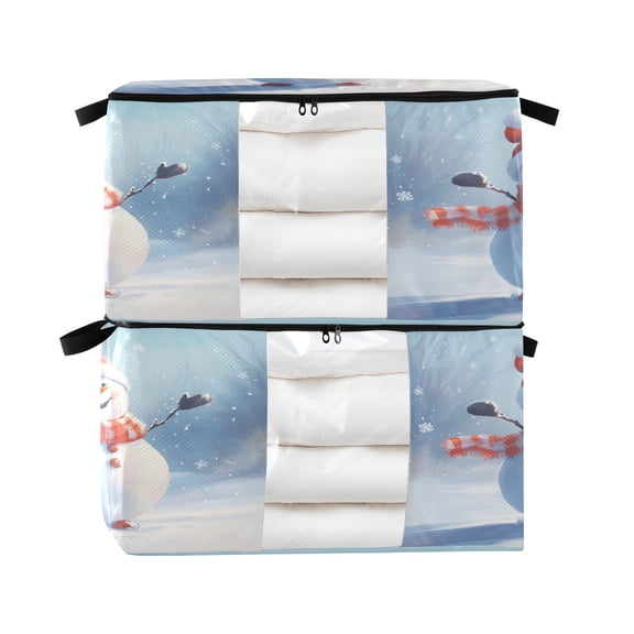 Foldable Clothes Storage Bags Clothes Organizer Bin with Clear Windows for Clothes Bedding Cute Smiling Snowman
