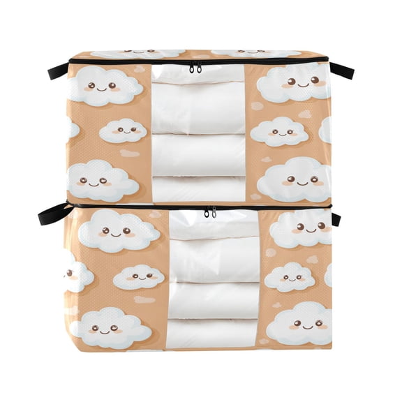 Foldable Clothes Storage Bags Clothes Organizer Bin with Clear Windows for Clothes Bedding Cute White Clouds