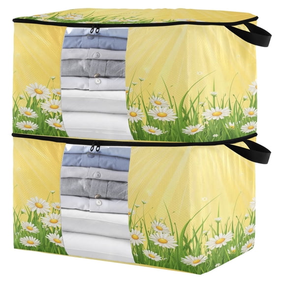 Foldable Clothes Storage Bags Clothes Organizer Bin with Clear Windows for Clothes Bedding Daisies and Sun Rays