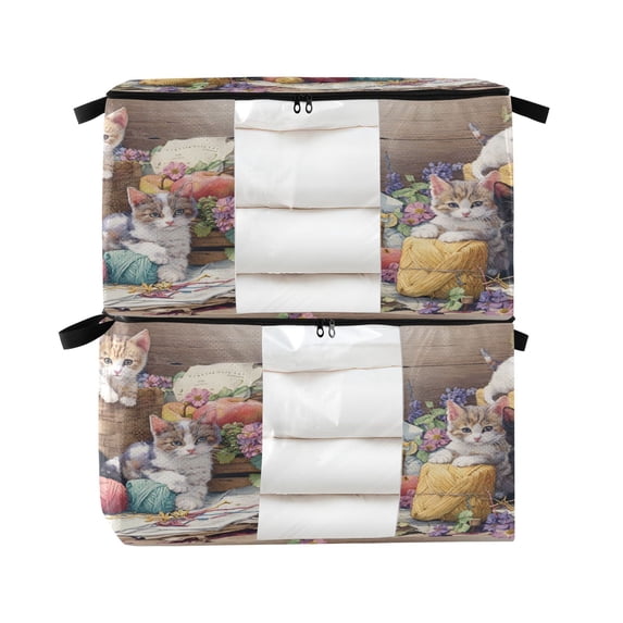 Foldable Clothes Storage Bags Clothes Organizer Bin with Clear Windows for Clothes Bedding Different Colors and Patterns Cat
