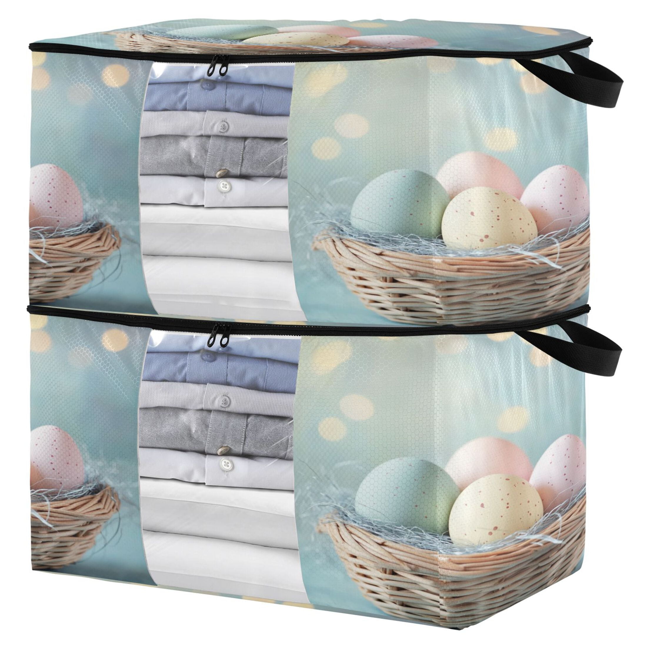 Foldable Clothes Storage Bags Clothes Organizer Bin with Clear Windows for Clothes Bedding Easter Basket with Eggs