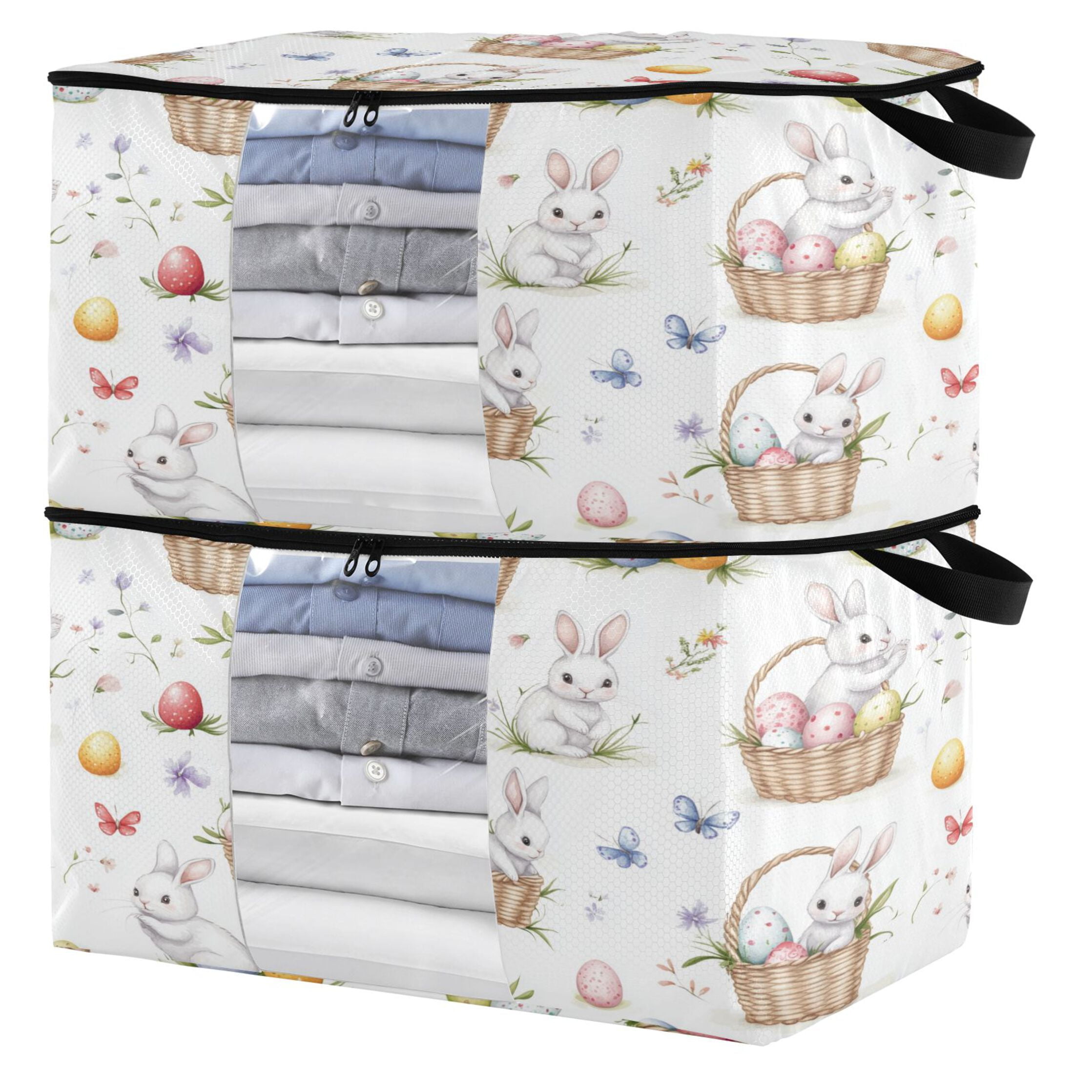 Foldable Clothes Storage Bags Clothes Organizer Bin with Clear Windows for Clothes Bedding Easter Bunnies and Baskets