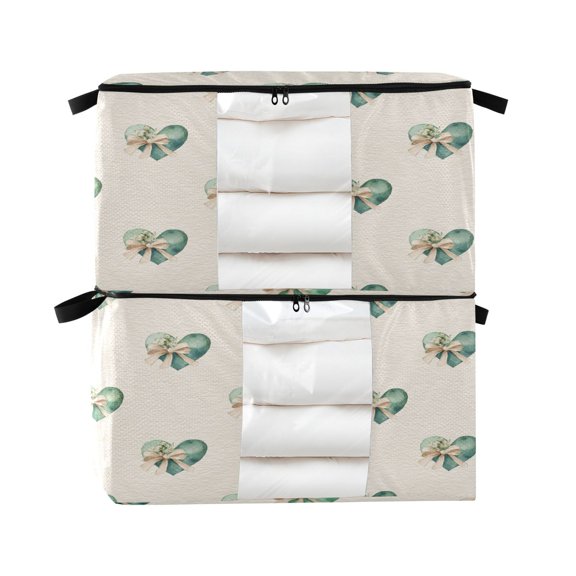 Foldable Clothes Storage Bags Clothes Organizer Bin with Clear Windows for Clothes Bedding Emerald Green Hearts Pattern