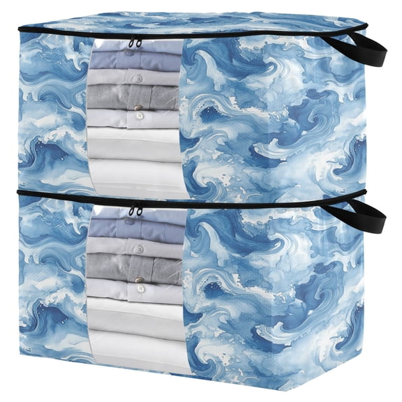 Foldable Clothes Storage Bags Clothes Organizer Bin with Clear Windows for Clothes Bedding Fluid Indigo Waves