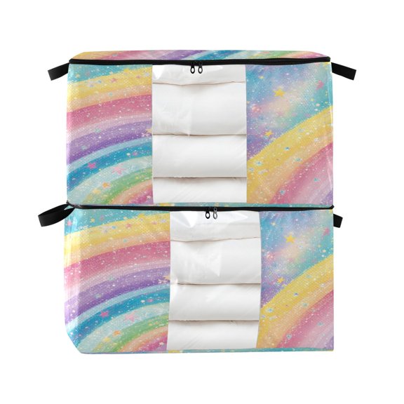 Foldable Clothes Storage Bags Clothes Organizer Bin with Clear Windows for Clothes Bedding Glittery Rainbow