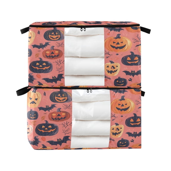 Foldable Clothes Storage Bags Clothes Organizer Bin with Clear Windows for Clothes Bedding Halloween Decorations Pumpkin