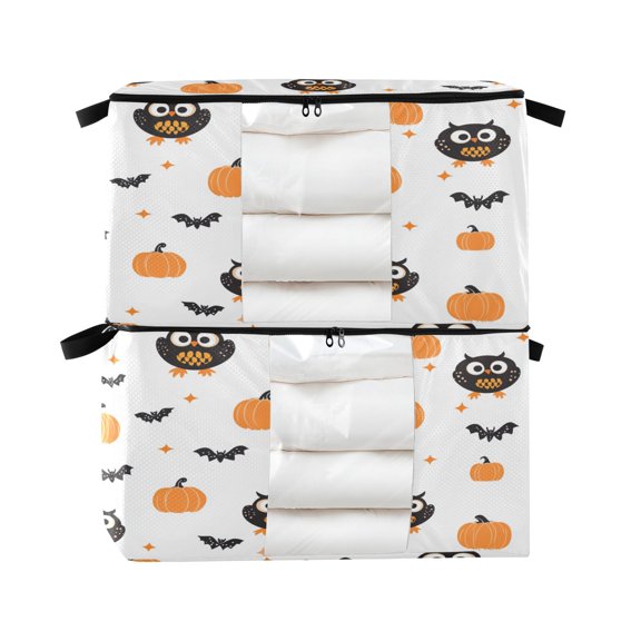 Foldable Clothes Storage Bags Clothes Organizer Bin with Clear Windows for Clothes Bedding Halloween Owls and Pumpkins Pattern