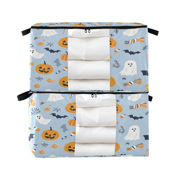 Foldable Clothes Storage Bags Clothes Organizer Bin with Clear Windows for Clothes Bedding Halloween Pattern with Pumpkins