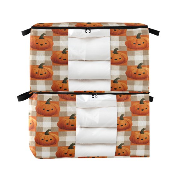 Foldable Clothes Storage Bags Clothes Organizer Bin with Clear Windows for Clothes Bedding Halloween-themed Pumpkins