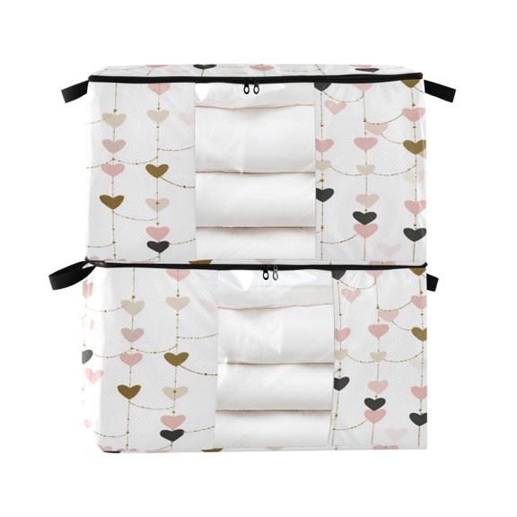 Foldable Clothes Storage Bags Clothes Organizer Bin with Clear Windows for Clothes Bedding Hearts and String Garland