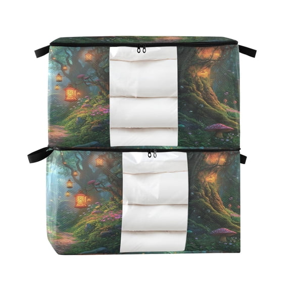 Foldable Clothes Storage Bags Clothes Organizer Bin with Clear Windows for Clothes Bedding Magic Forest Scene