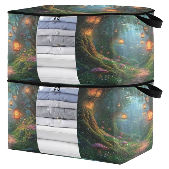 Foldable Clothes Storage Bags Clothes Organizer Bin with Clear Windows for Clothes Bedding Magic Forest Scene