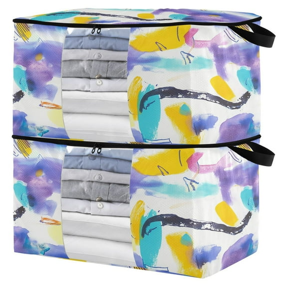 Foldable Clothes Storage Bags Clothes Organizer Bin with Clear Windows for Clothes Bedding Multicolor Abstract Scene