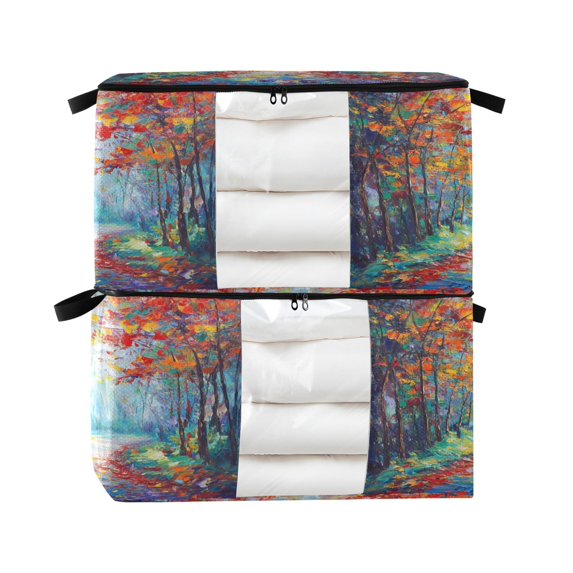 Foldable Clothes Storage Bags Clothes Organizer Bin with Clear Windows for Clothes Bedding Orange Autumn Forest