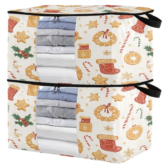 Foldable Clothes Storage Bags Clothes Organizer Bin with Clear Windows for Clothes Bedding Orange Christmas Element Patterns