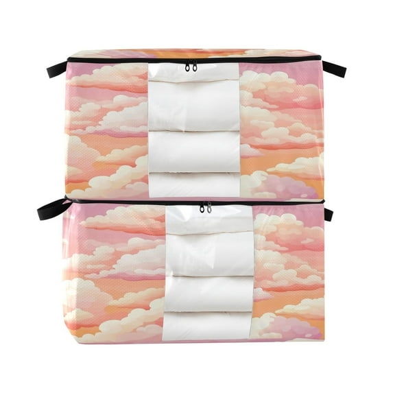 Foldable Clothes Storage Bags Clothes Organizer Bin with Clear Windows for Clothes Bedding Orange Sky with Clouds