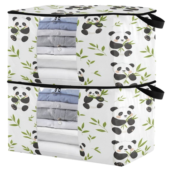 Foldable Clothes Storage Bags Clothes Organizer Bin with Clear Windows for Clothes Bedding Panda Eating Bamboo