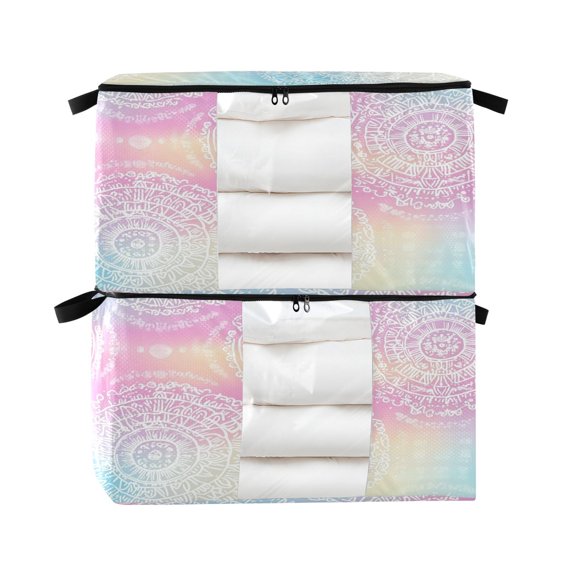 Foldable Clothes Storage Bags Clothes Organizer Bin with Clear Windows for Clothes Bedding Pastel Rainbow Gradient Background