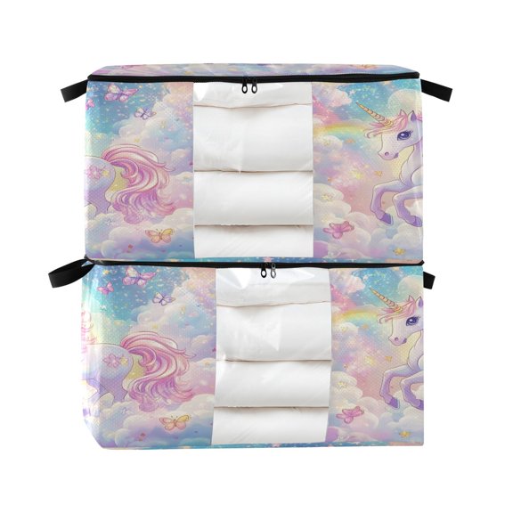 Foldable Clothes Storage Bags Clothes Organizer Bin with Clear Windows for Clothes Bedding Rainbow Colors Unicorn