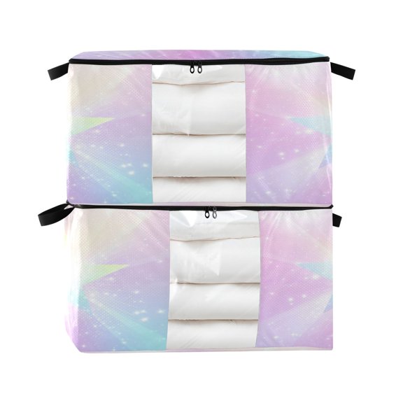 Foldable Clothes Storage Bags Clothes Organizer Bin with Clear Windows for Clothes Bedding Rainbow Gradient Stars