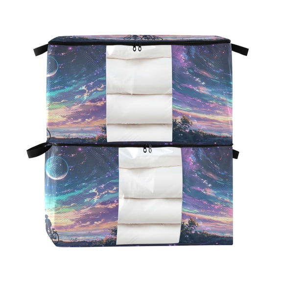 Foldable Clothes Storage Bags Clothes Organizer Bin with Clear Windows for Clothes Bedding Rainbow Sky Background