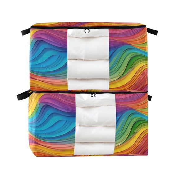 Foldable Clothes Storage Bags Clothes Organizer Bin with Clear Windows for Clothes Bedding Rainbow Wavy Lines