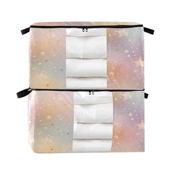 Foldable Clothes Storage Bags Clothes Organizer Bin with Clear Windows for Clothes Bedding Rainbow-colored Stars and Dots