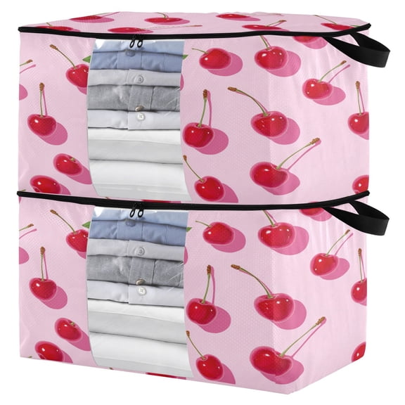 Foldable Clothes Storage Bags Clothes Organizer Bin with Clear Windows for Clothes Bedding Red Cherries
