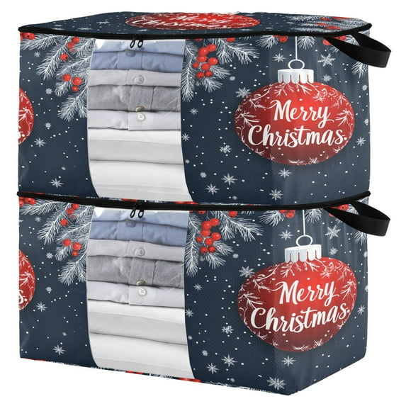 Foldable Clothes Storage Bags Clothes Organizer Bin with Clear Windows for Clothes Bedding Red Christmas Ornament