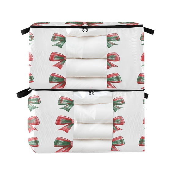 Foldable Clothes Storage Bags Clothes Organizer Bin with Clear Windows for Clothes Bedding Red and Green Tartan Bow