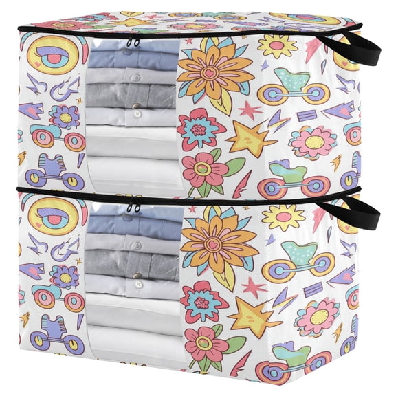 Foldable Clothes Storage Bags Clothes Organizer Bin with Clear Windows for Clothes Bedding Roller Skates and Flowers