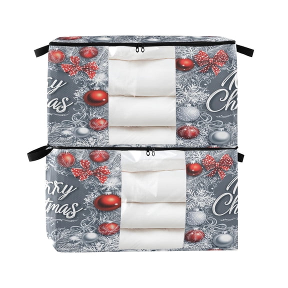 Foldable Clothes Storage Bags Clothes Organizer Bin with Clear Windows for Clothes Bedding Silver Snowflakes and Ornaments