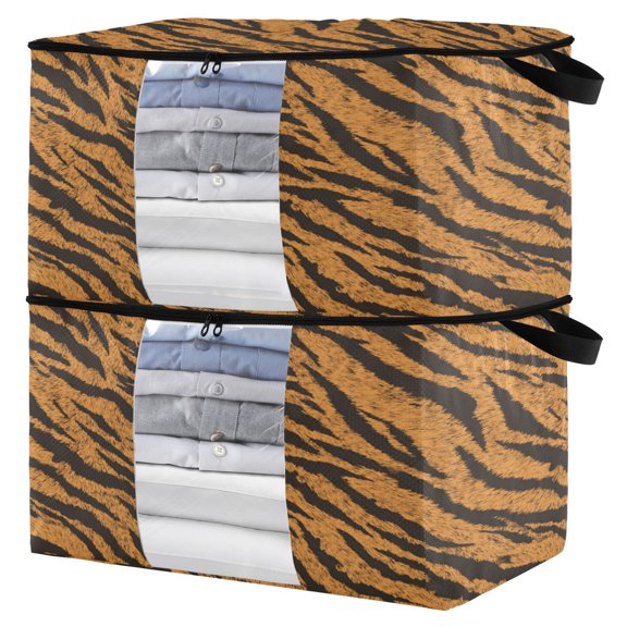 Foldable Clothes Storage Bags Clothes Organizer Bin with Clear Windows for Clothes Bedding Tiger Stripes Pattern