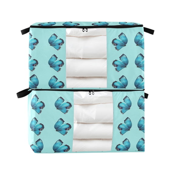 Foldable Clothes Storage Bags Clothes Organizer Bin with Clear Windows for Clothes Bedding Turquoise Blue Butterfly Pattern