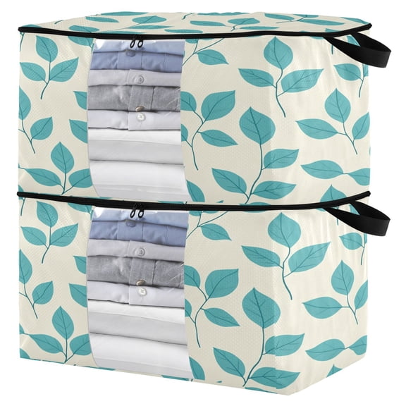 Foldable Clothes Storage Bags Clothes Organizer Bin with Clear Windows for Clothes Bedding Turquoise Leaf