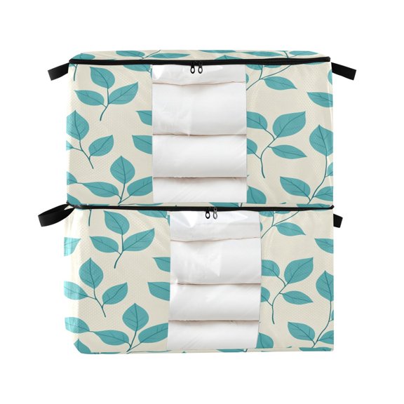 Foldable Clothes Storage Bags Clothes Organizer Bin with Clear Windows for Clothes Bedding Turquoise Leaf