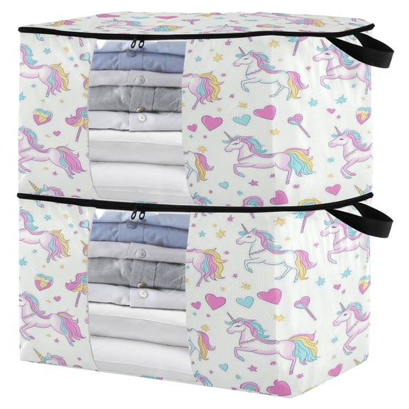 Foldable Clothes Storage Bags Clothes Organizer Bin with Clear Windows for Clothes Bedding Unicorns and Magic Wands