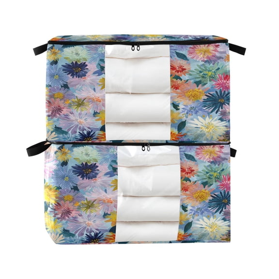 Foldable Clothes Storage Bags Clothes Organizer Bin with Clear Windows for Clothes Bedding Vibrant Abstract Floral
