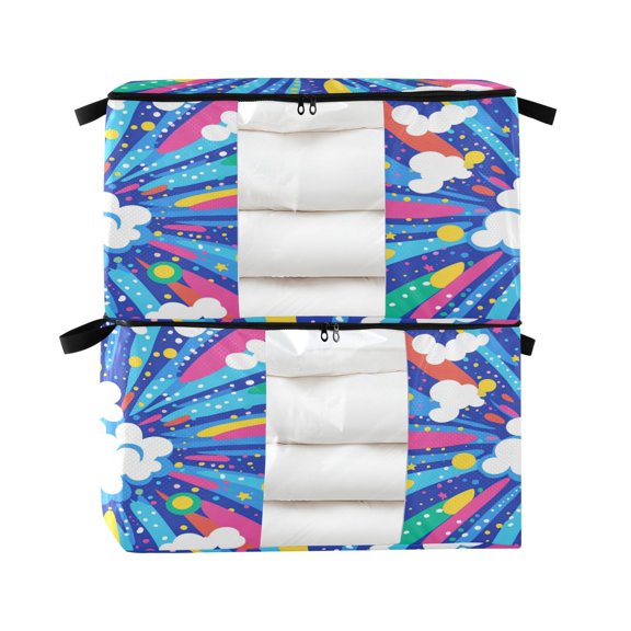 Foldable Clothes Storage Bags Clothes Organizer Bin with Clear Windows for Clothes Bedding Vibrant Clouds