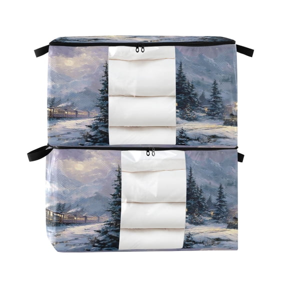 Foldable Clothes Storage Bags Clothes Organizer Bin with Clear Windows for Clothes Bedding Vintage-style Christmas Train