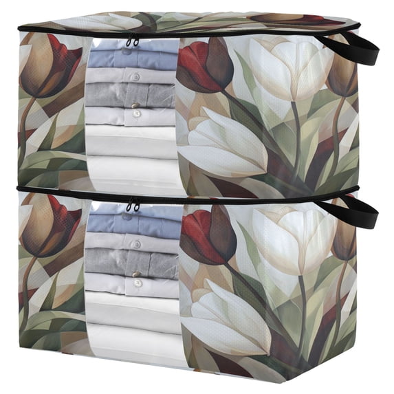 Foldable Clothes Storage Bags Clothes Organizer Bin with Clear Windows for Clothes Bedding White Tulips