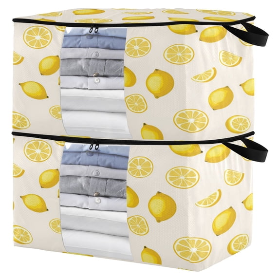 Foldable Clothes Storage Bags Clothes Organizer Bin with Clear Windows for Clothes Bedding Yellow Lemon Pattern